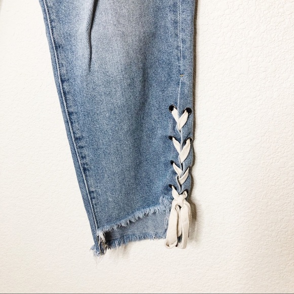 Hidden Light Wash Straight Leg Ankle Tie Boyfriend Jeans - Picture 3 of 6